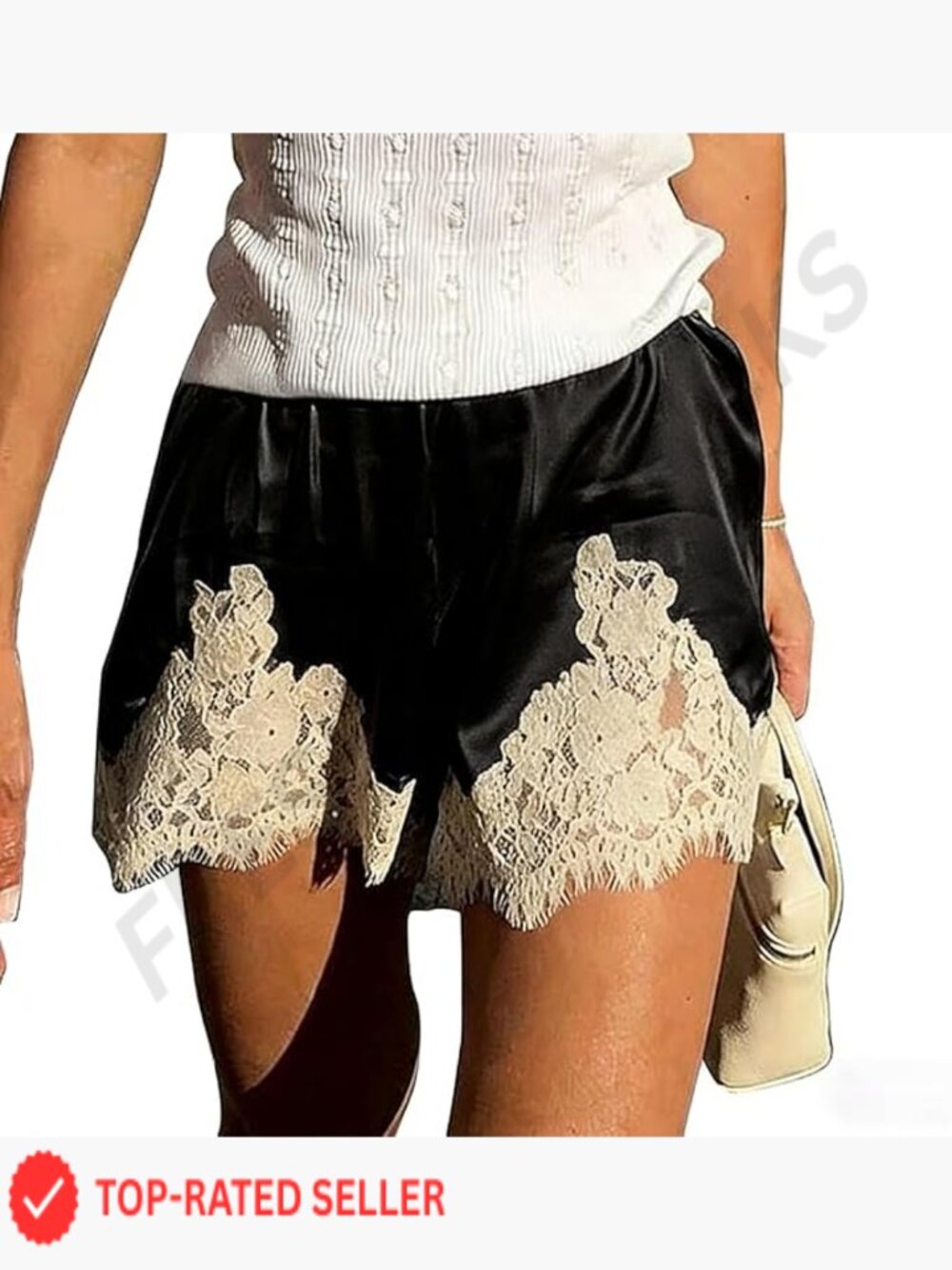 Satin Lace-Trim Sleep Shorts - Black with Cream Lace
